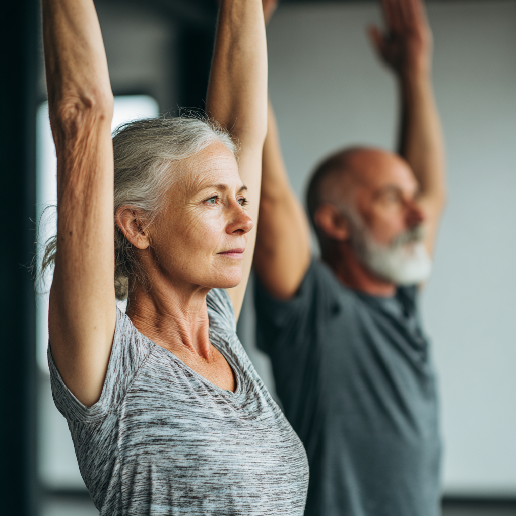 Middle-aged adults practicing gentle movement therapy and stability exercises