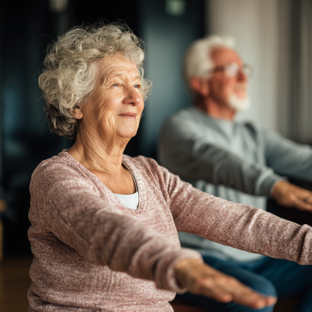 Older adults integrating gentle movement exercises into their daily routine